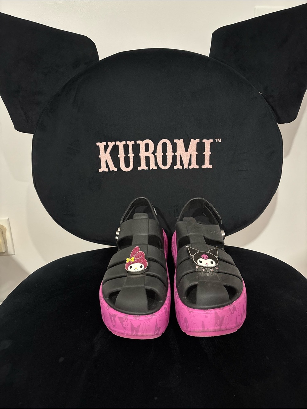 CROCS Black Upper with Pink Platform Sandals featuring Character Charms